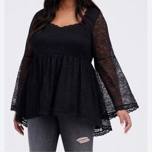 TORRID Womens Plus Size Black Lace BabyDoll Flare Long Sleeves Blouse Size 3